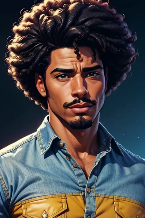 A handsome and pleasant-faced Afro-Latinx man in a denim shirt and jeans. Comic-style realism animation mixed with digital painting. Polished and realistic effect. Emphasis on detailed expressions and smooth gradients giving a balanced and composed appeara...