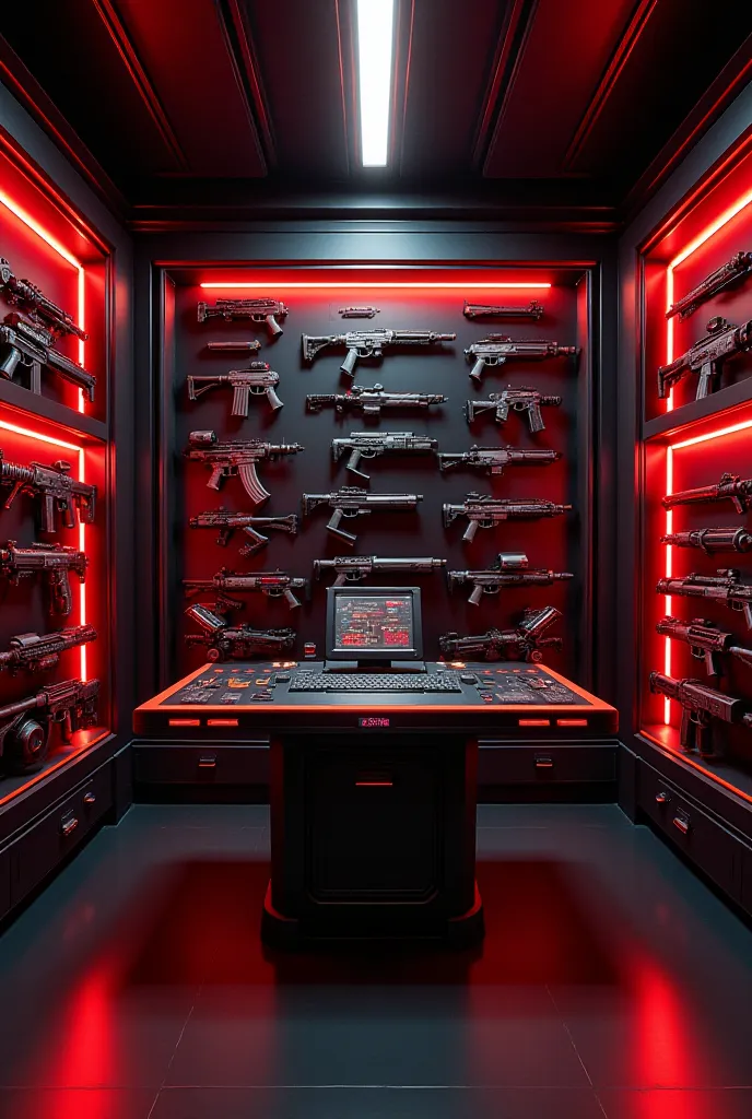 imagine a state-of-the-art armory from the future, designed in sleek black and red tones. The walls are lined with advanced weaponry, including laser guns, plasma rifles, and energy blades, all glistening with cutting-edge technology. Holographic displays ...