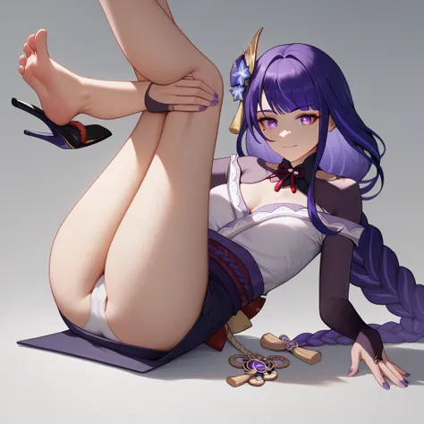 8k, Masterpiece, best quality, ultra detailed, high resolution, super fine illustration,raiden shogun (Genshin impact), 1girl, solo, smile,purple hair,long hair, sidelocks,purple eyes, medium breasts, fashion outfit, japanese clothes, office lady, high hee...