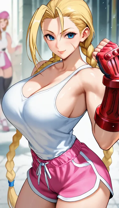 Cammy White, dxd,  street fighter , White t-shirt with sleeveless straps with a neckline showing her big breasts and very short PINK shorts while smiling flirty