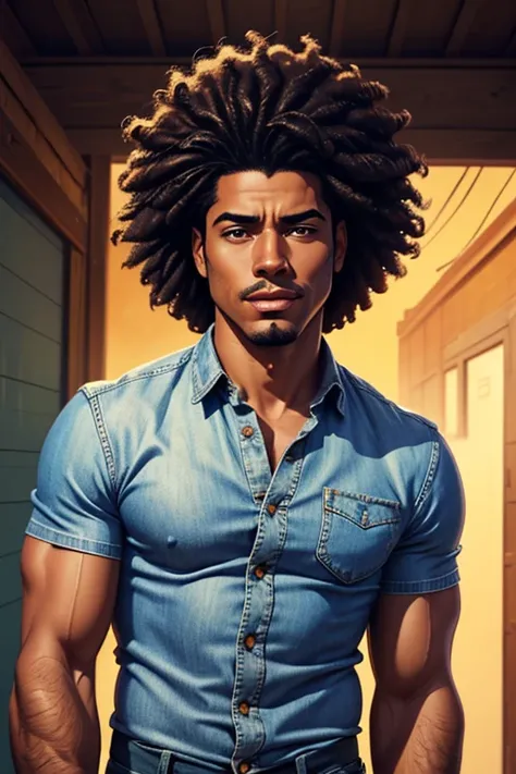 A handsome and pleasant-faced Afro-Latinx man in a denim shirt and jeans. The man has medium-length hair. Comic-style realism animation mixed with digital painting. Polished and realistic effect. Emphasis on detailed expressions and smooth gradients giving...