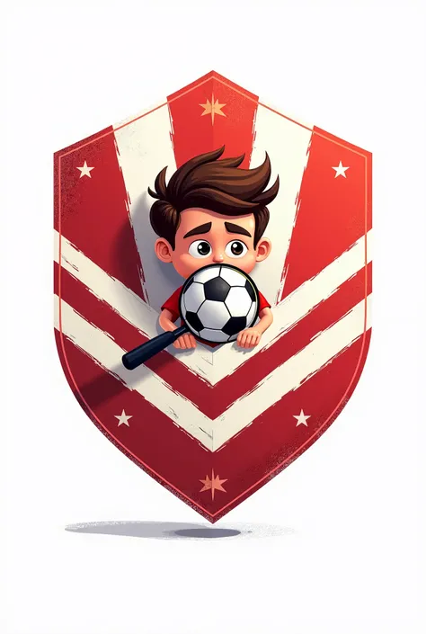 Sports logo with red and white stripes with a ball and a young brown hair and Necaxista with a magnifying glass