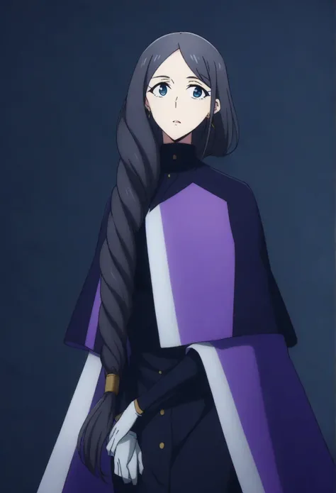 long hair, single braid, hair over shoulder, parted bangs, black hair, blue eyes, earrings, HanSemi, multicolored cape, purple cape, turtleneck, black dress, buttons, white gloves