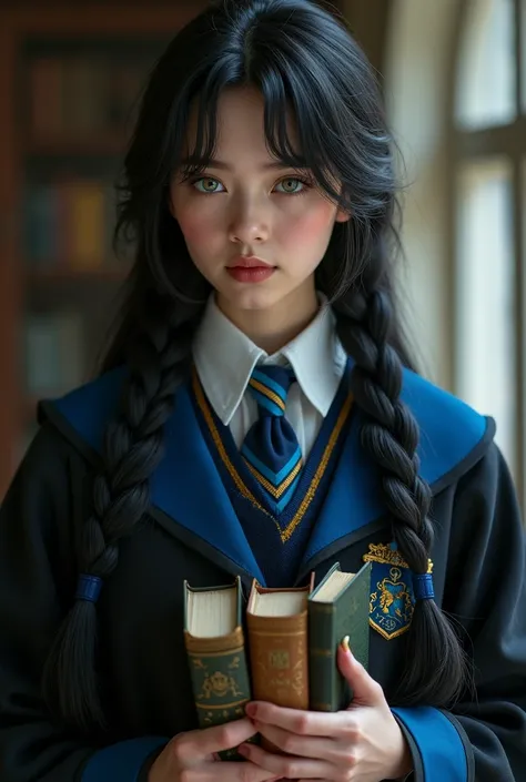 A 17-year-old girl in Ravenclaw's uniform , (A (severus snape's daughter:(european girl,black hair, green eyes)long straight black hair in two half-loose braids and green eyes with books in her hand looking forward 