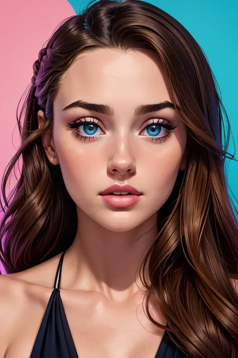 A portrait of a beautiful female whose facial features are a combo of Katherine Langford + Sophie Thatcher. The female's hair is untied and hangs loose. The female has lovely makeup on her face. Symmetrical eyes. Symmetrical face. Lovely details. Photoreal...