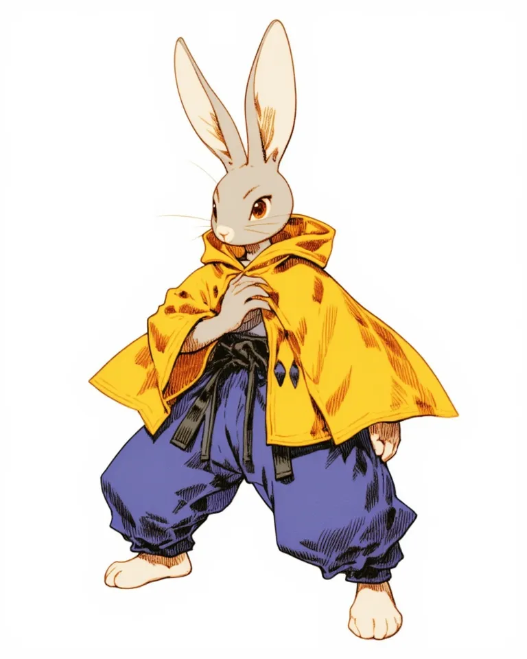 ((Bipedal male rabbit))、Short、Right hand is face height、left hand around waist、standing with legs spread。Karate stance、Wears a yellow hooded cloak、deep blue pants、solo、Put your whole body on the screen、high resolution,  Masterpiece, accurate, top quality, ...