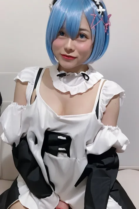 black spiked choker necklace､ ear piercing､Exposing Maid Outfits ､ black eyeshadow､black eyeliner､She has short light blue hair and is sexual、  ､A state where semen is hanging､ bukkake､She's in a state where she's having sex with a man 、  has her penis ins...