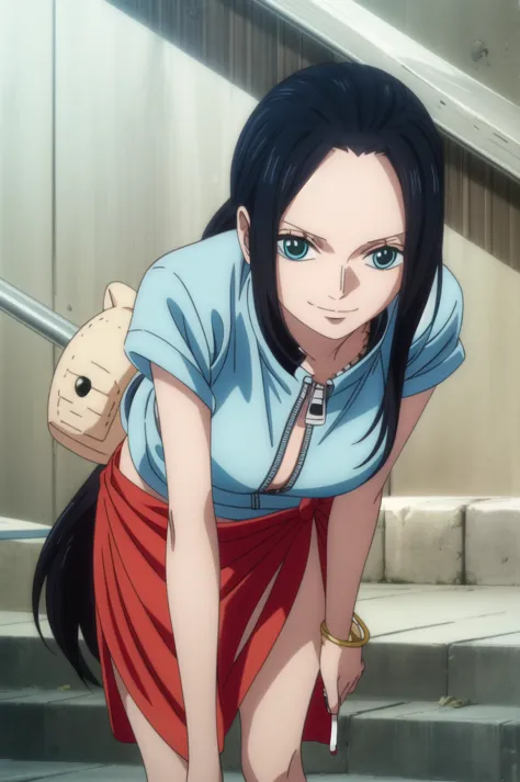 nicorob, Long Straight back hair, Big breasts, masterpiece, best quality, amazing quality,
1girl, Nico Robin, one piece, black hair, long hair, blue eyes, blue jacket, short sleeves, crop top, eyewear on head, zipper, sarong, zipper pull tab, wink, smile, ...