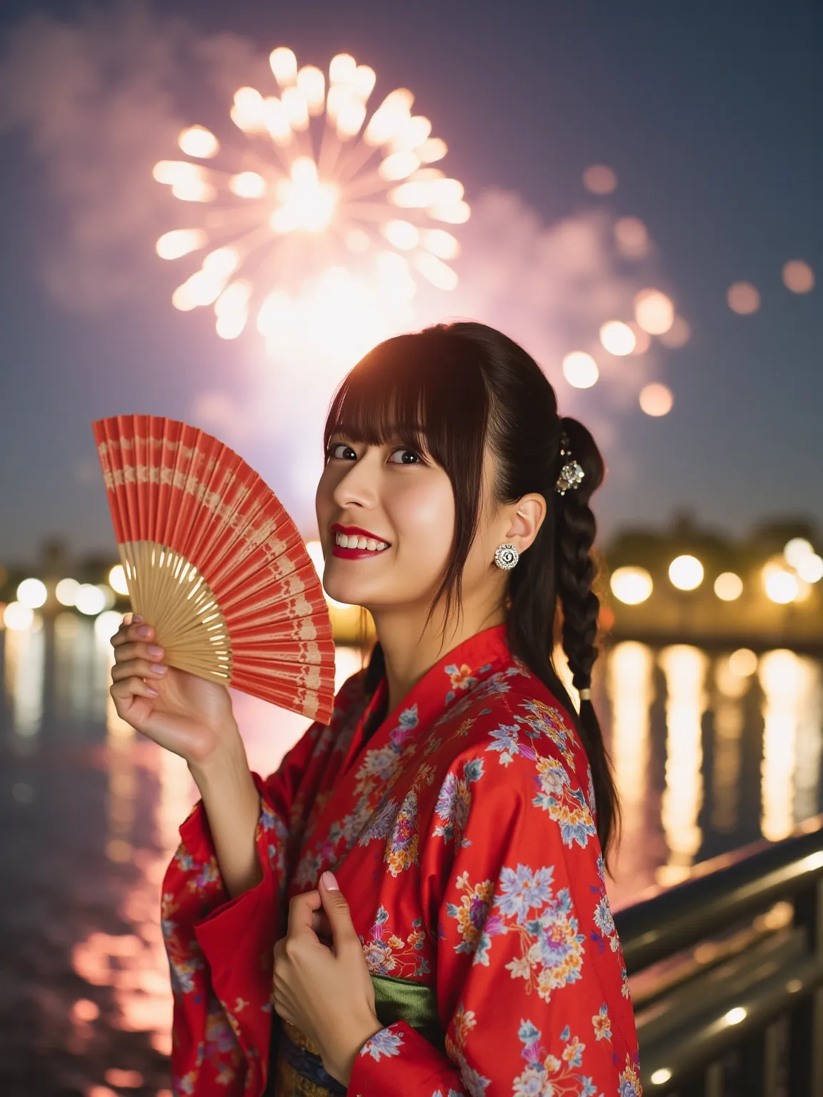 "Japanese woman wearing a colorful yukata, standing on a riverbank, with fireworks exploding in the sky behind her. She is smiling while holding a folding fan in one hand, and the soft glow of the fireworks illuminates her face. The setting is peaceful, wi...