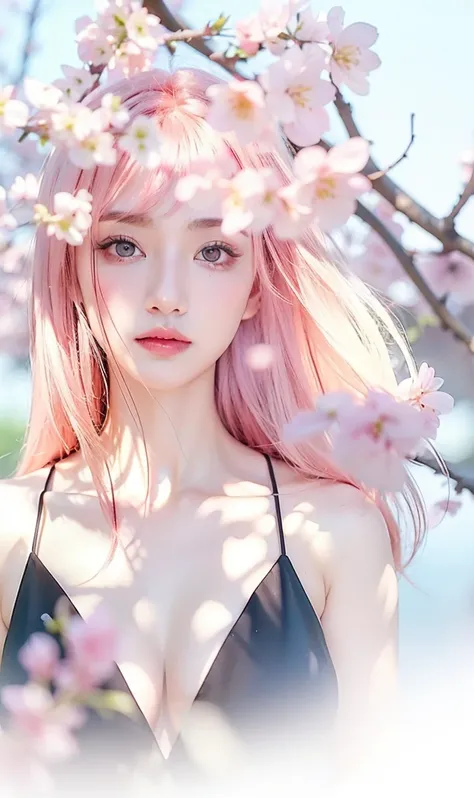 Girl, beauty face, pink long hair, pink eyes, background cherry blossom