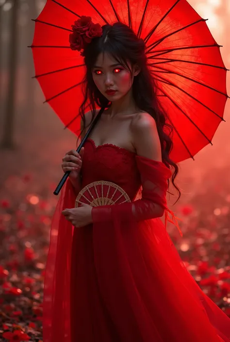 The girl wears a red dress, holds a fan and a red umbrella, red eyes and has a red aura.