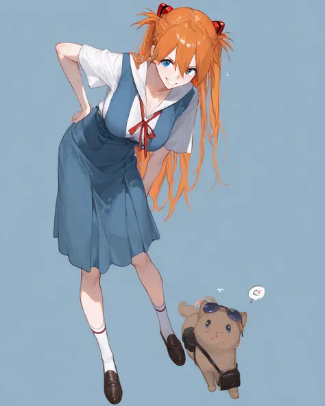 top quality,    masterpiece,    8k Wallpaper、  latest,          Masterpiece、Neon Genesis Evangelion、   woman 1 person、   Su Long Aska Langley .orange hair、    blue eyes、   high school uniforms (Light blue uniform) socks、 loafers   、  Light blue background ...