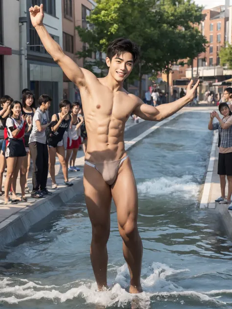 3 Asian Handsome Male Star Male High School Students Over 185 Cm High School Play Water in Creek，Slim Short Hair ，Square pectoral muscle ， bulging abs ，（Wakakaki's lovely face）， thin body， Shoulder width ，Narrow waist， inverted triangle body ，Tight-fitting...