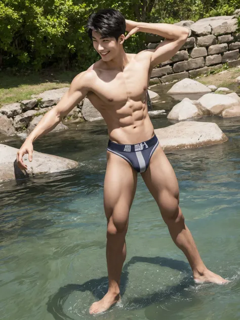 3 Asian Handsome Male Star Male High School Students Over 185 Cm High School Play Water in Creek，Slim Short Hair ，Square pectoral muscle ， bulging abs ，（Wakakaki's lovely face）， thin body， Shoulder width ，Narrow waist， inverted triangle body ，Tight-fitting...