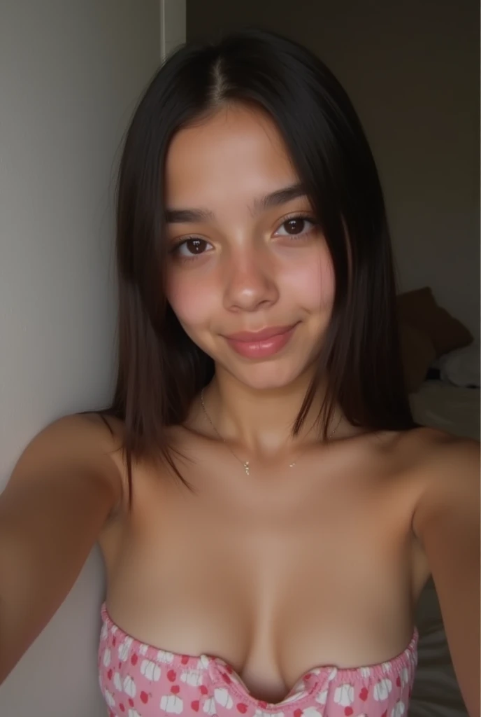 A 15 y.o Spanish Young girl with, Pale white skin, straight hair,Middle, With Strapless top and pajamas, Aitana taking a selfie. (Selfie characteristics: grainy, low quality, Low lighting, Clear, blur:1.6)