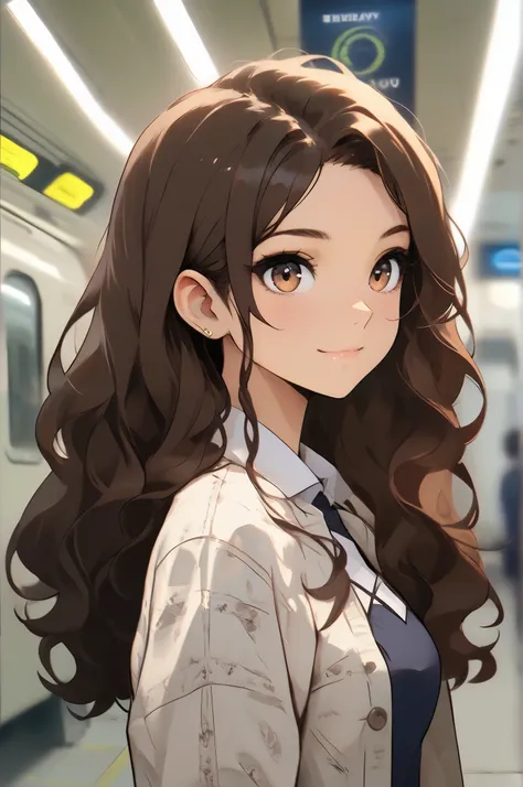Masterpiece, Best Quality, UHD, Light Smile, 1girl, solo, Brown Hair, Wavy Hair, Hazel Eyes, Anime Style, Victoria justice in a subway station, Social Media Composition, Depth Of Field, Social Realism, instagram pose, 