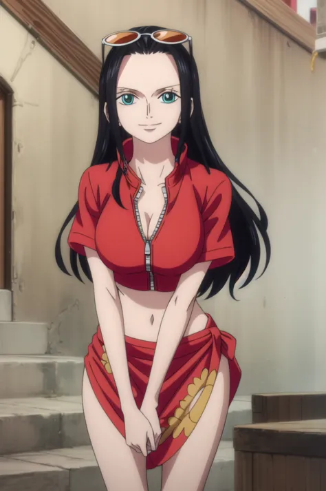 nicorob, Long Straight back hair, Big breasts, masterpiece, best quality, amazing quality,
1girl, Nico Robin, one piece, black hair, long hair, blue eyes, Red jacket, short sleeves, crop top, eyewear on head, zipper, sarong, open zipper pull tab, smile, so...