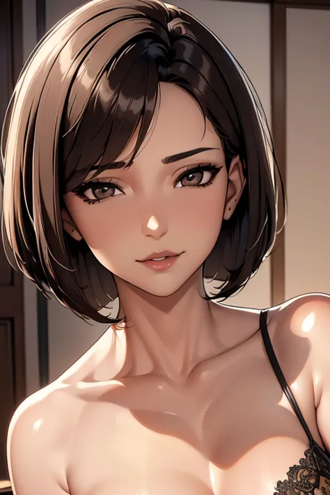 Bob Cut, (brown eyes:1.7),  brown hair, Sexy lips,looking at the spectator, sexy look,bedroom, ( masterpiece:1.2), bandages, high resolution, 8k unit, ( illustration:0.8), (beautiful detailed eyes:1.6), extremely detailed face, perfect lighting, extremely ...