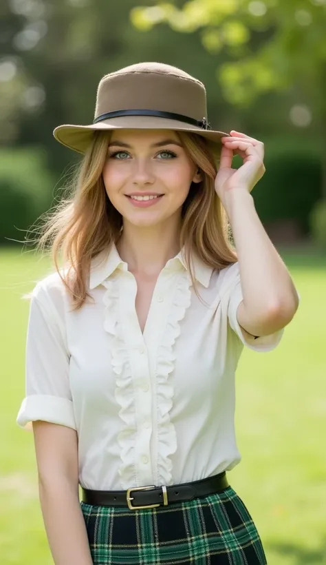 Close up face, Side view, head on  Khaki color Garrison hat,  in Park,   name is Jessica, fashion Model and Actress, 22-age, (White English female, Honey blonde hair, beautiful blue eye, cute thin lip, smile) , (big breasts, middle hip), (elegant White fri...