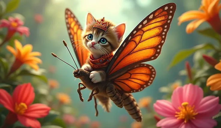 A kitten wearing traditional Indonesian clothes is riding a giant butterfly that is flying in a flower plant with a warm and joyful atmosphere