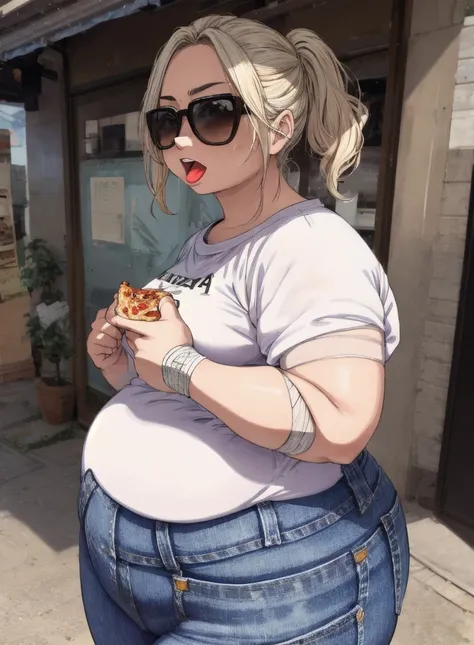  open your mouth, 1 girl,  eating pizza, Pretty top, Incredibly detailed shirt,  tight jeans,  sunglasses, blond hair,  department _chest, chubby, (sexual energy:1.2), get up (bandages,  masterpiece, [ raised front skirt ],  intricate:1.2), absurdres, [ ul...