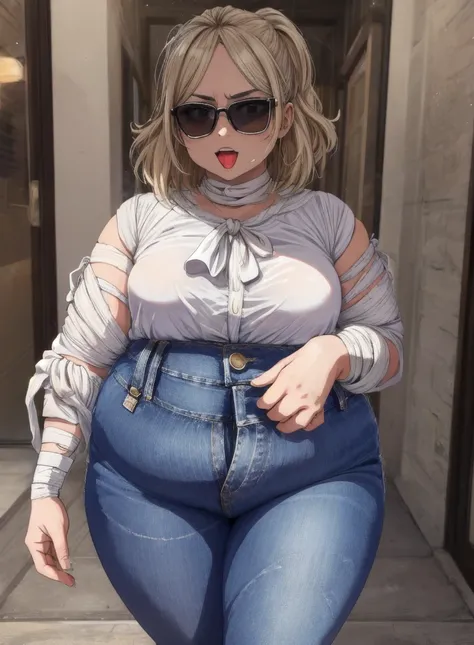  open your mouth, 1 girl,  eating pizza, Pretty top, Incredibly detailed shirt,  tight jeans,  sunglasses, blond hair,  department _chest, chubby, (sexual energy:1.2), get up (bandages,  masterpiece, [ raised front skirt ],  intricate:1.2), absurdres, [ ul...