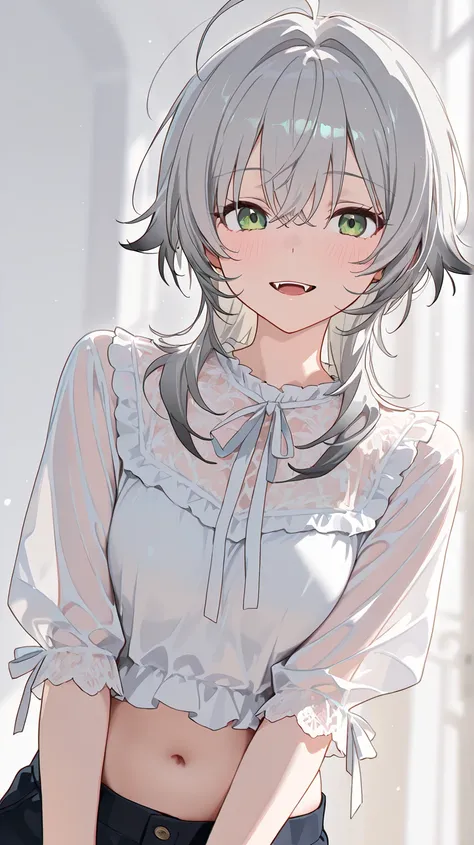 masterpiece, top quality, amazing quality, very aesthetic, high definition, ultra detail, up to date, best details, fashion, Through the hair, extremely detailed Eye, One woman, Gray Hair, Green Eyes, Long hair, wolf cut, simple Background, ( focus on face...