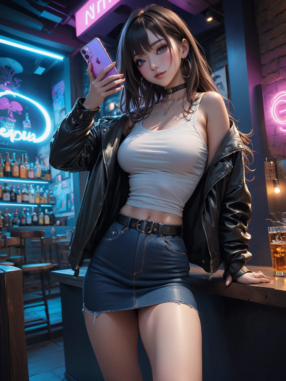 smiling fashion model, selfying, holdind a smartphone, at nightpub, near forest tree, purple neon light, BREAK, {dark-brown hair, long straight hair, choker, silver necklaces, hoop earrings}, BREAK, ((black leather jacket), (dark-blue and white striped und...