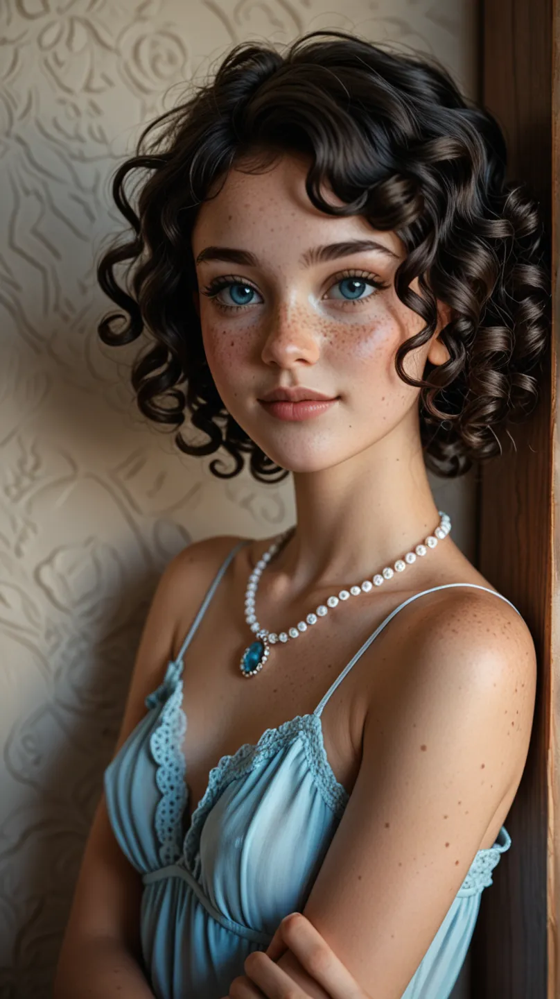 a  girl (petite, skinny, prominent freckles, short curly dark black hair) Her eyes are a captivating shade of light blue, adding a sense of connection with the viewer. Her skin is adorned with a delicate necklace that adds a touch of elegance to her appear...