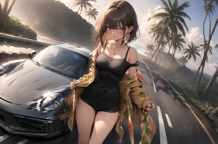 (masterpiece, detailed:1.2), One Girl, (18-years old), brown long Bob Cut, Medium Breasts, off shoulder,BREAK, Highest quality, on a Hawaiian road, BREAK, standing, "Porsche 911 spider", focus on thigh