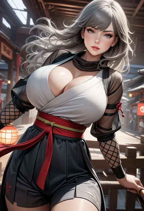  1 woman, wearing a ninja costume, Madura,  perfect body, neckline, big boobs, a ninja, Hakama ninja shorts fitted, that allow freedom of movement, Tōshi, hachimaki, or, dawns, Yokohama Long mesh sleeves adjusted to the body, perfectly highlight complex an...