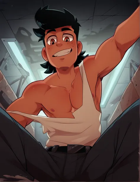 score_7, score_8, toon, (cartoon), 1man, ((solo)), a black-haired good 'ol man,  gelled up styled black hair, brown eyes, skinny body type, tan skin, freckles, smile, handsome, white loose tanktop, swole pec, open chest close-up, bottom view, background of...