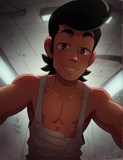 score_7, score_8, toon, (cartoon), 1man, ((solo)), a black-haired good 'ol man,  gelled up styled black hair, brown eyes, skinny body type, tan skin, freckles, smile, handsome, white loose tanktop, swole pec, open chest close-up, bottom view, background of...