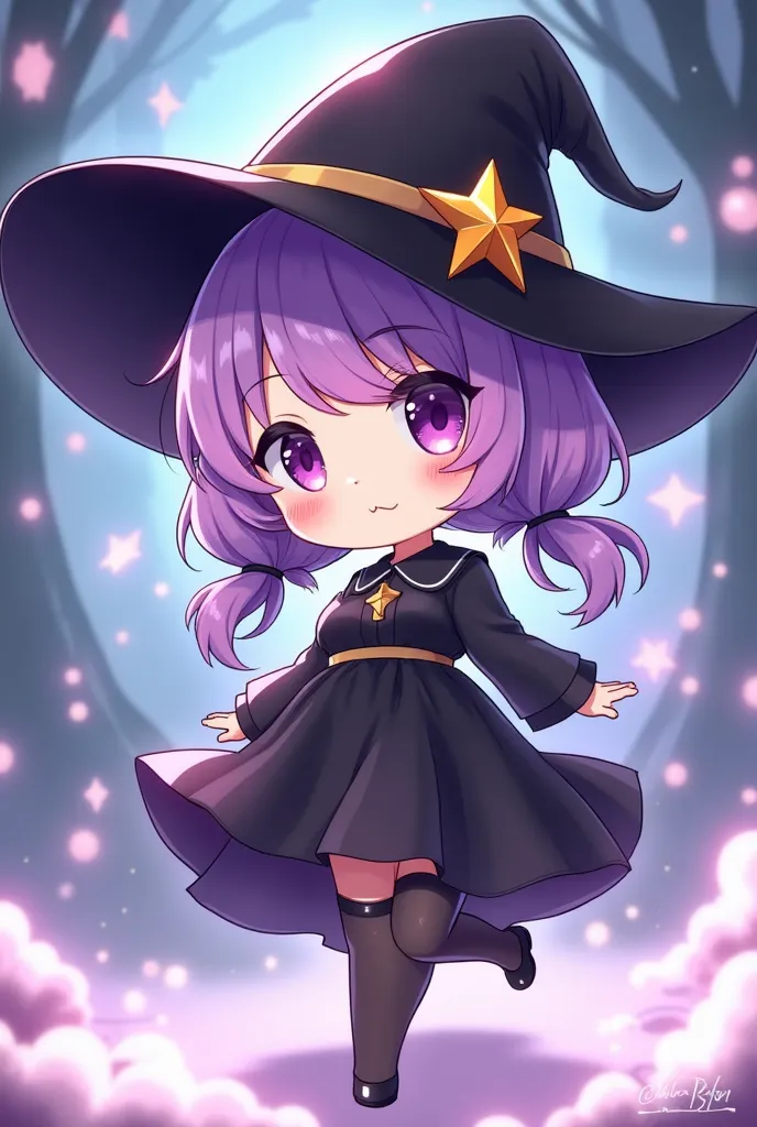 Create a chibi anime girl with a witch hat, a black skirt, a black blouse, black tights , with purple hair and a star fringed in her eyes 