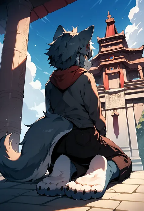 score_9, score_8_up, score_7_up, score_6_up, source_anime, rating_safe, furry female, solo, dagasi_style,, furry, temple, wolf boy, sitting, low view, from behind, soles at spectator, showing soles, grinning, paws, 3 toes, barefoot, paws