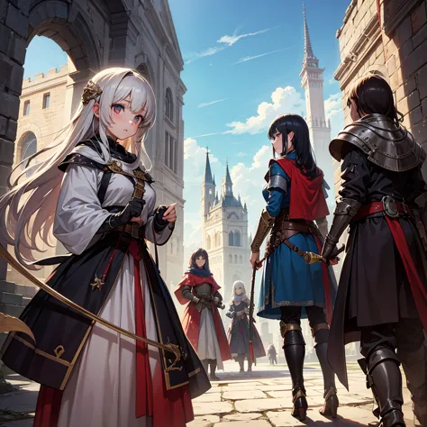 High quality, Ultra detailed, best quality, insanely detailed, beautiful, masterpiece, Vivid colors, Glossy skin, Group of women, Knights, Medieval, Fantasy