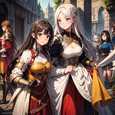 High quality, Ultra detailed, best quality, insanely detailed, beautiful, masterpiece, Vivid colors, Glossy skin, Group of women, Knights, Medieval, Fantasy