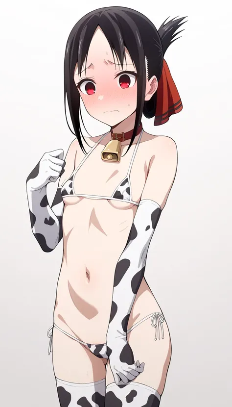 kaguya shinomiya, short hair, bangs, black hair, red eyes, hair ribbon, sidelocks, folded ponytail, parted bangs, posing embarrassed, red face, embarrassed, Ashamed, Small breasts, Long cow stockings, long cow gloves, Micro cow bikini, Bell, hole in micro ...