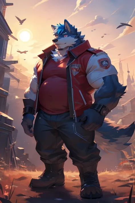 Anthropomorphic bear (white and red fur,blue hair,red pupil eyes,herotic looking,wolf ears,red shirt inside of a herotic jacket,black herotic pant),chubby,muscular arms, muscular legs,handsome, massive body,huge and big body,tall (9'7 tall),background: bat...