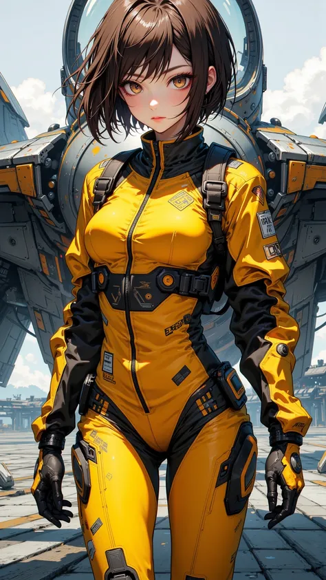 Detailed numeric drawing，captures her essence as a focused NERV technician，She has short brown hair and brown eyes，wears a striking yellow and black jumpsuit，in 16K anime style，The background is a warplane