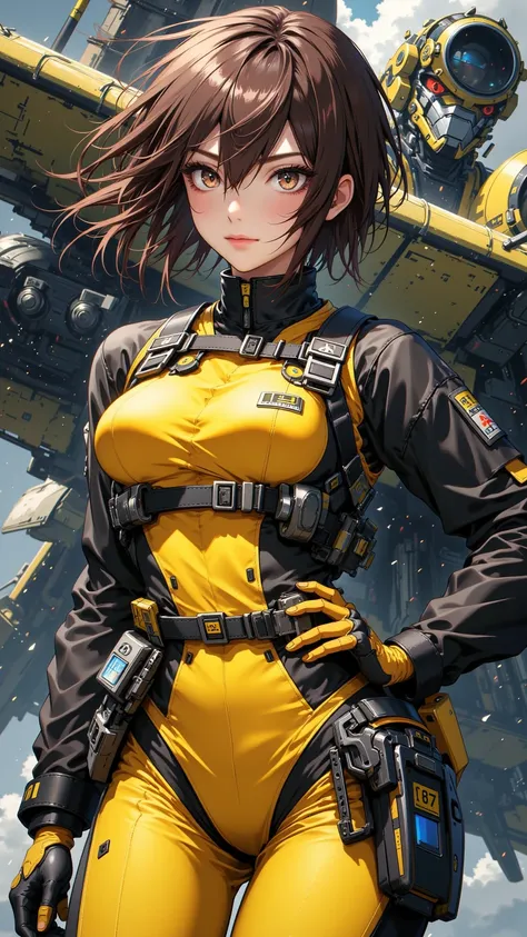 Detailed numeric drawing，captures her essence as a focused NERV technician，She has short brown hair and brown eyes，wears a striking yellow and black jumpsuit，in 16K anime style，The background is a warplane