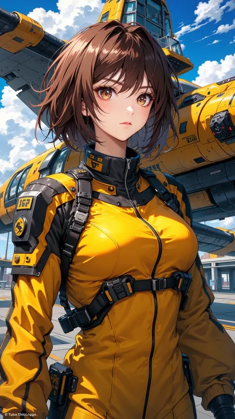 Detailed numeric drawing，captures her essence as a focused NERV technician，She has short brown hair and brown eyes，wears a striking yellow and black jumpsuit，in 16K anime style，The background is a warplane