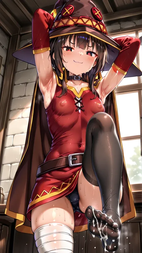 Feet. Sweaty feet. Stepping on screen. accurate legs, Smug brat. Showing sweaty armpits. feet focus, both feet , sweaty feet, sweaty clothes, nipples visible through clothes, Dominant. Cum on feet. (Megumin,fire shape eyes, red shirt, brown cape, left leg ...