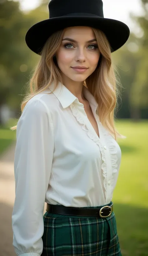 Close up face, Side view, head on  Black  Top hat,  in Park,   name is Jessica, fashion Model and Actress, 22-age, (White English female, Honey blonde hair, beautiful blue eye, cute thin lip, smile) , (big breasts, middle hip), (elegant White frill blouse,...