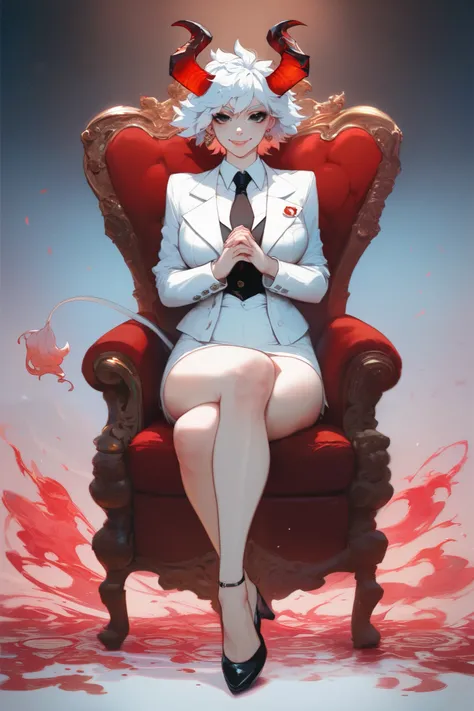 a thin woman with horns instead of extremely pointed, black eyes,  sitting in an armchair , wearing a white suit with a black tie and with very short and messy hair, full body , with a confident and malicious expression,  With a red glow in the eyes , With...