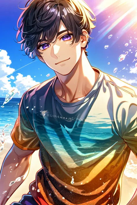 absurdres, highres, ultra detailed, HDR, master 
, best quality, 1 male ,25 years old,beach background, bright sky,handsome, beach outfit, black hair, purple eyes, smiling, water splash