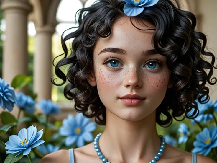 a  girl (petite, skinny, prominent freckles, short curly dark black hair) Her eyes are a captivating shade of light blue, adding a sense of connection with the viewer. Her skin is adorned with a delicate necklace that adds a touch of elegance to her appear...