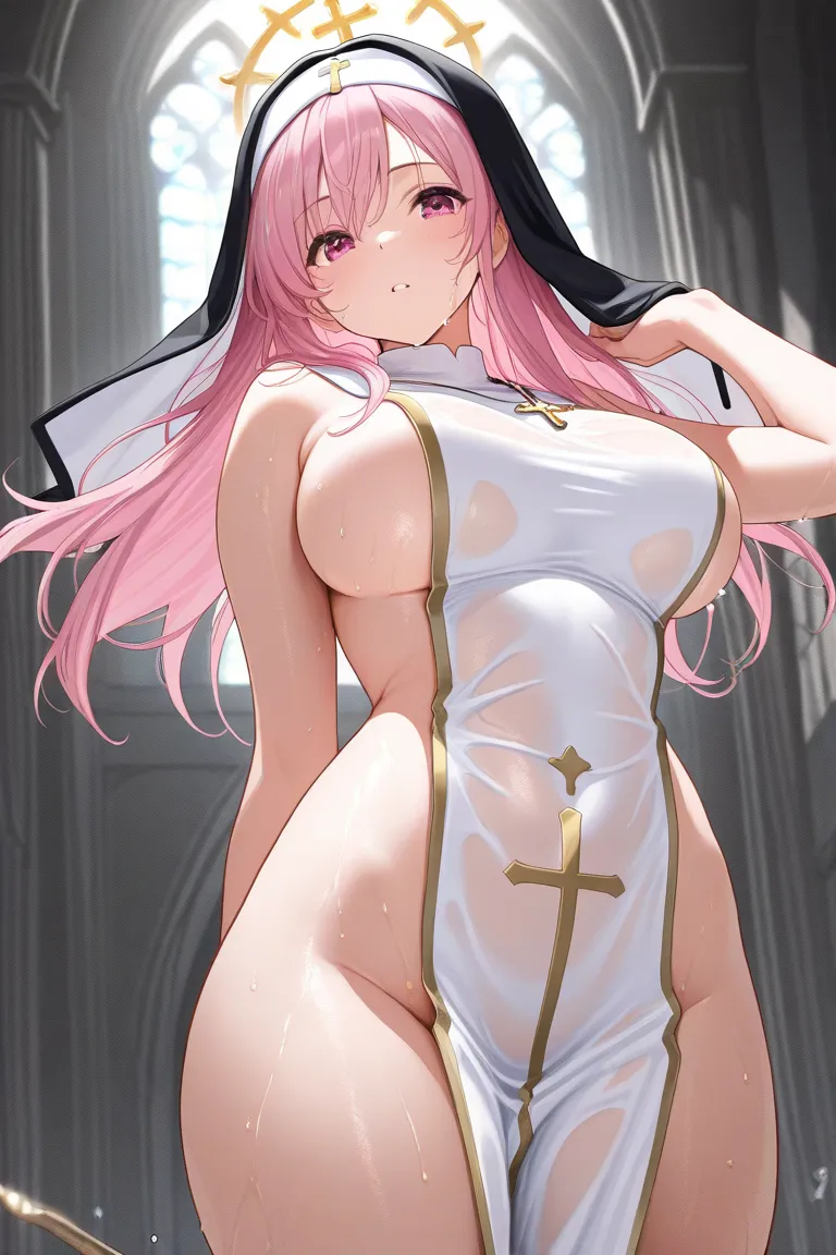 (((( masterpiece)))), ((((top quality)))), high resolution,fine grain, detailed face, wet, nun, completely naked, white priest hat、 pink long hair、 action, big breasted