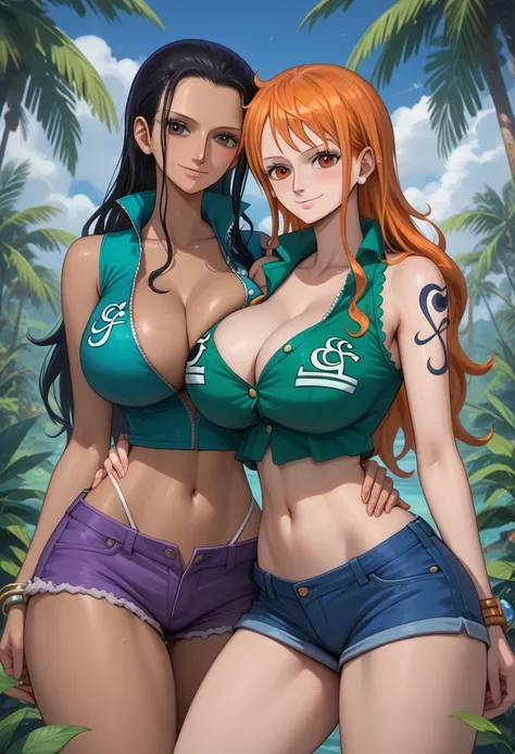 (masterpiece), best quality, expressive eyes, perfect face, (nami and nico robin in the deep jungle), deep jungle background), (2girl), (hugging), (smirk), (cleavage view), (2girl, ((1girl, 18 years old, Nami, fair skin, orange hair, brown eyes, hourglass ...