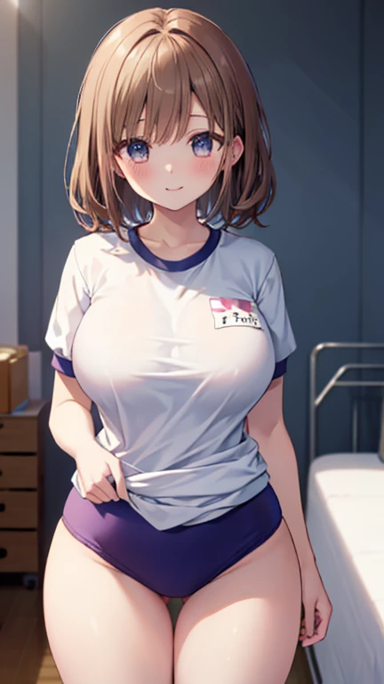 (masterpiece、highest quality、detail))、one girl、 brown  hair、twin tale,Naughty smile、、((big breast))、(( gym uniform at the sports square))、 location is bedroom 、 she is standing on   her front and butt facing the viewer、Short sleeve、she is fixing bloomers,(...